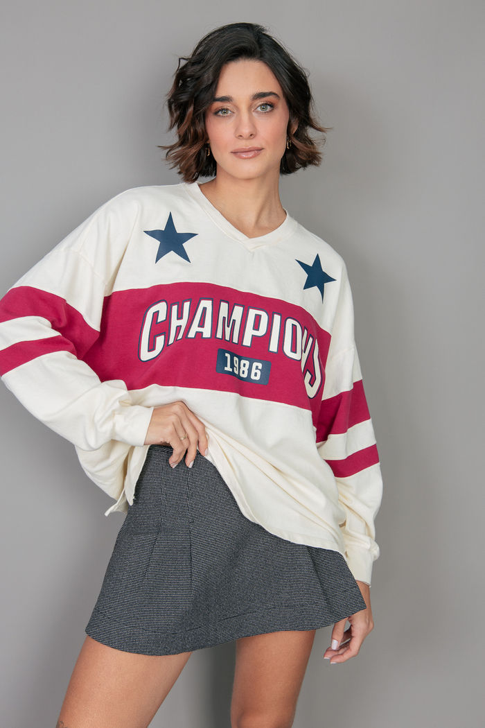 BLUSA MANGA LONGA DE MALHA OFF WHITE COM LISTRAS CHAMPIONS