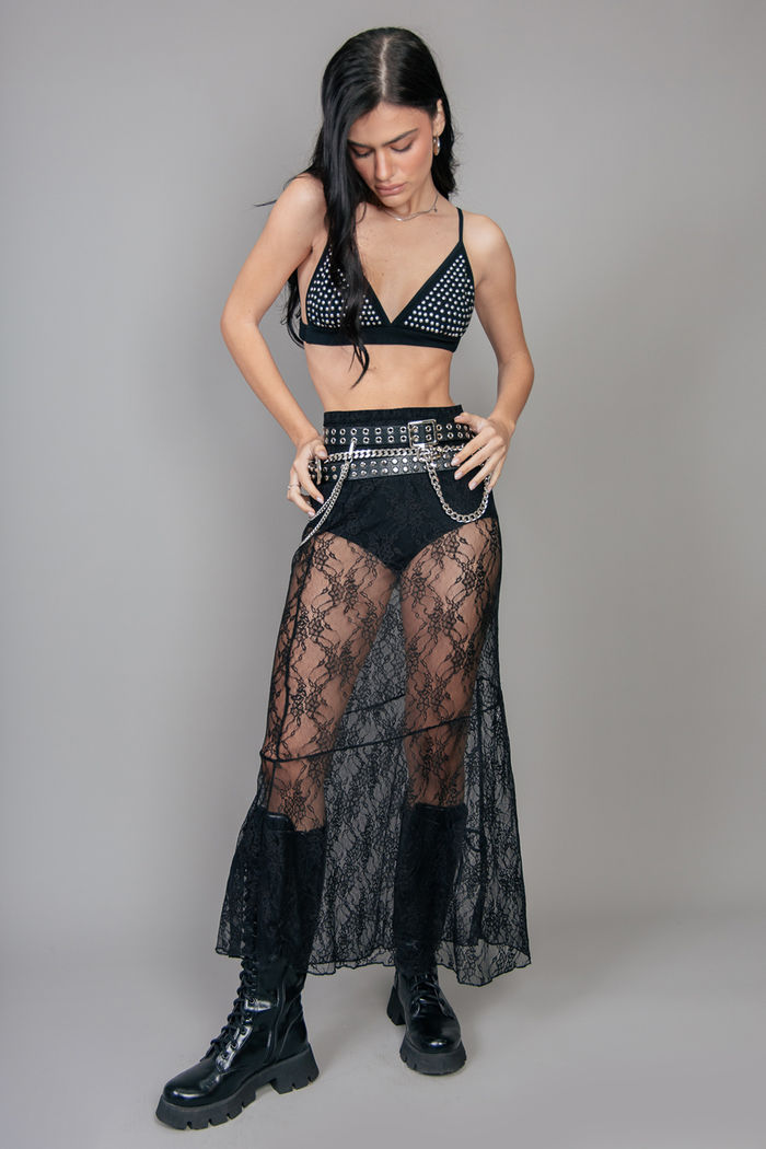 SAIA DE RENDA MIDI SEM FORRO PRETO