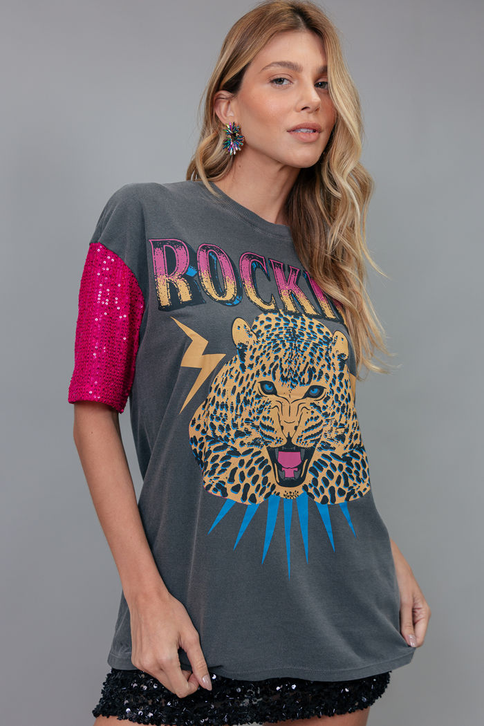 CAMISETA T-SHIRT VINTAGE CHUMBO COM MANGAS DE PAETÊ ROCKIES