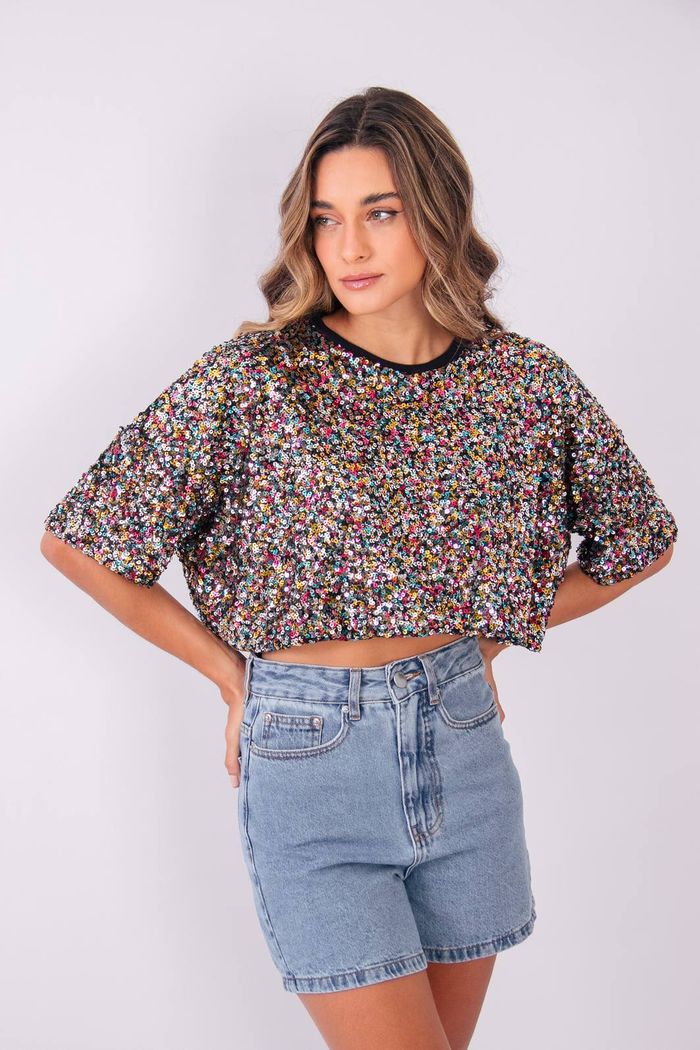 BLUSA CROPPED EM PAETÊS DISCO