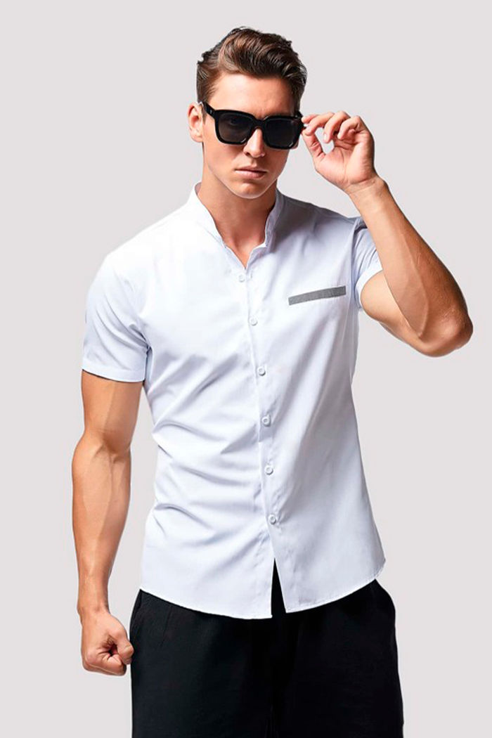 Branco Butões na frente ocasional Camisas Masculina