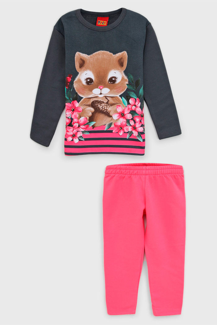 Conjunto 2pçs Kyly Longo Infantil Estampado Rosa/Cinza