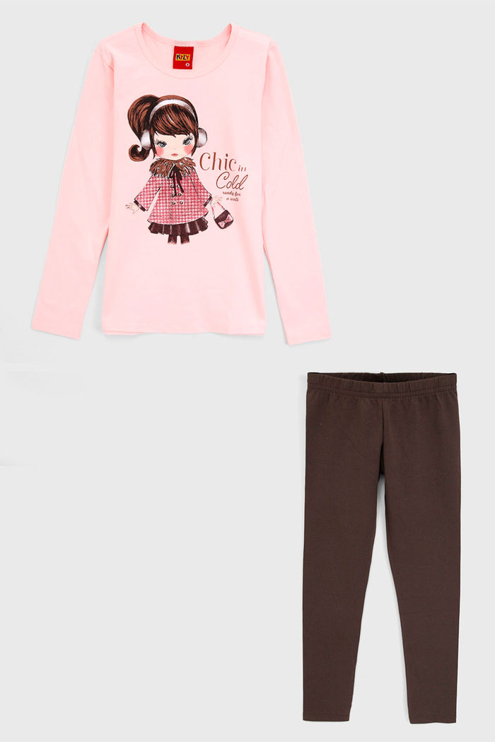 Conjunto 2pçs Kyly Longo Infantil Menina Rosa/Marrom