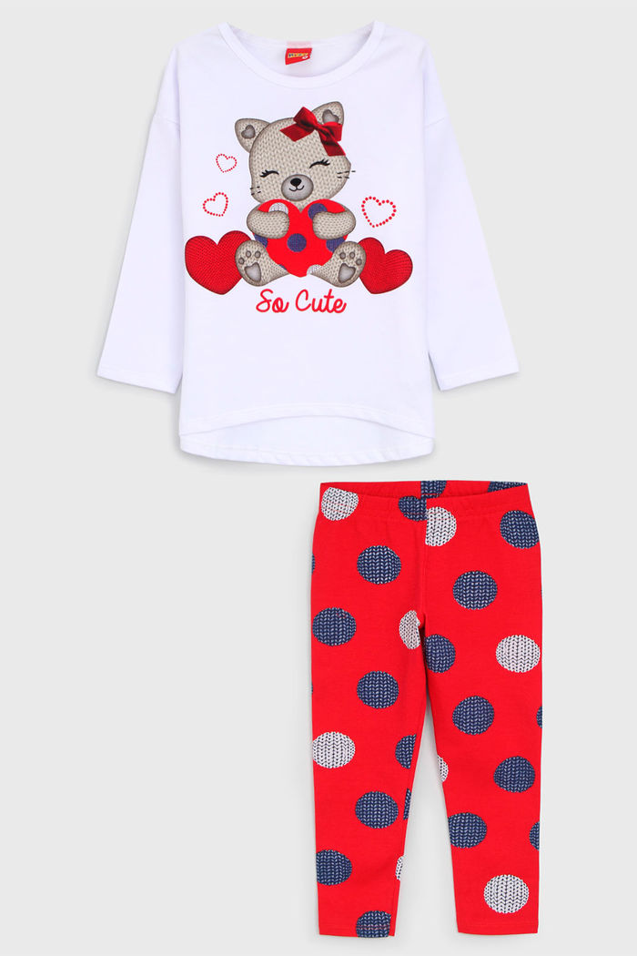 Conjunto 2pçs Kyly Longo Infantil Full Print Branco/Vermelho