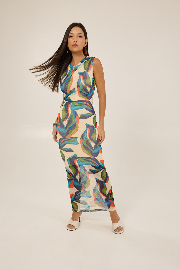 Vestido sem Manga Tule Estampa Exclusiva