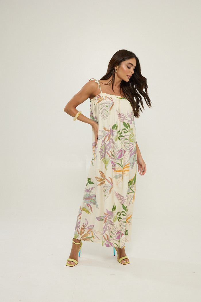 Vestido Alça Estampa Folhagem