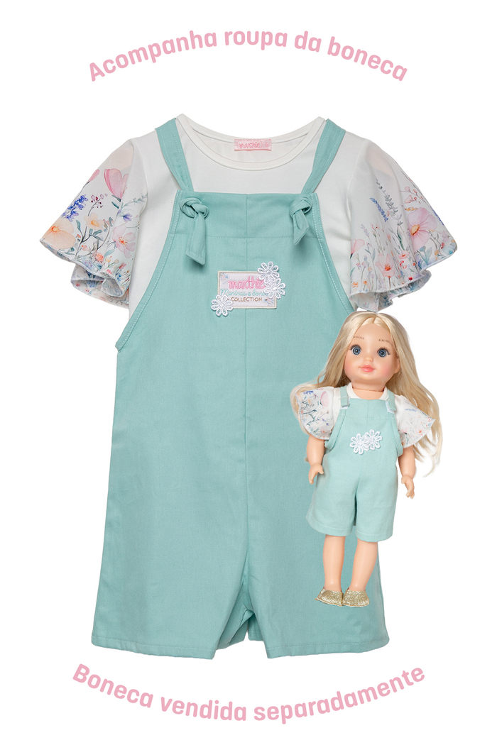 Conjunto jardineira com blusa flower