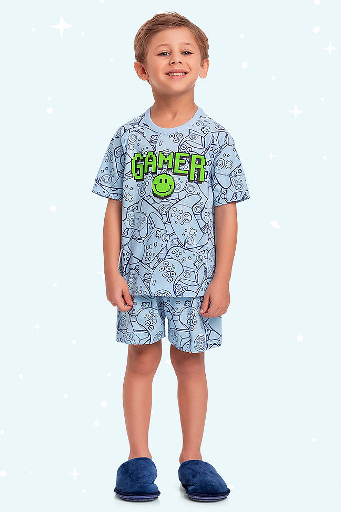 Conjunto pijama infantil camiseta e bermuda estampa game brilha no escuro