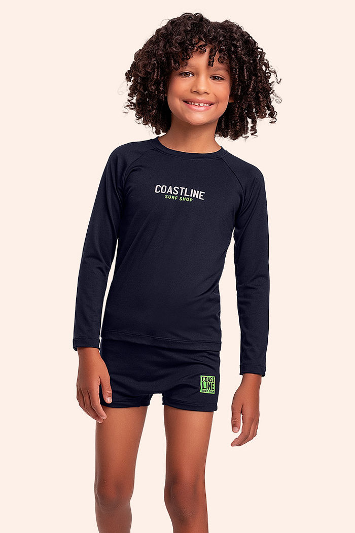 Conjunto infantil camiseta manga longa e sunga boxer com proteção uv