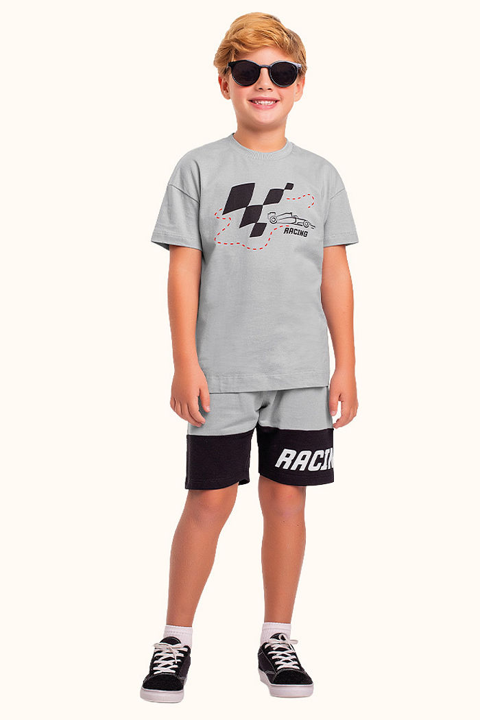 Conjunto camiseta em meia malha e bermuda em moletinho formula 1