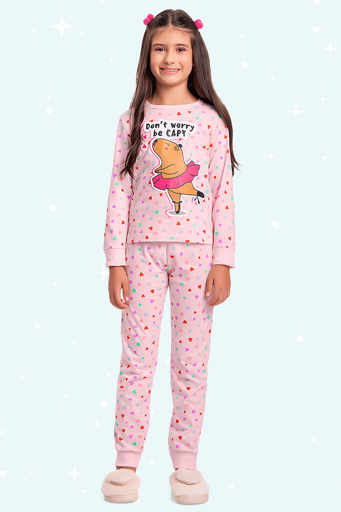 Conjunto pijama blusa manga longa e calça estampa capivara brilha no escuro