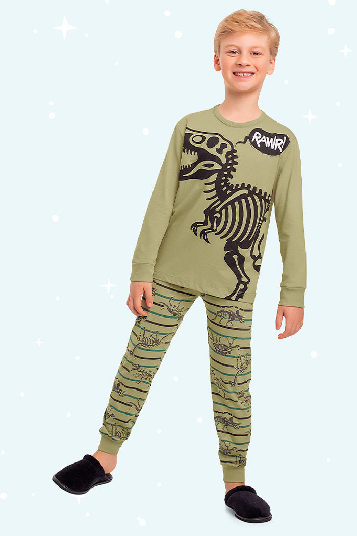 Conjunto pijama infantil camiseta manga longa e calça dinos brilha no escuro