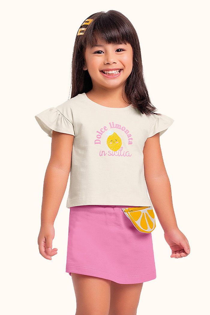 Conjunto blusa e short saia com pochete limonada