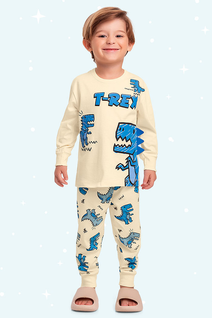 Conjunto pijama infantil camiseta manga longa e calca dinos brilha no escuro