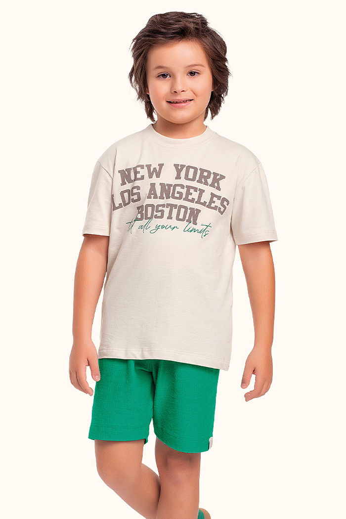 Conjunto camiseta em meia malha e bermuda em moletinho com bolso funcional new york