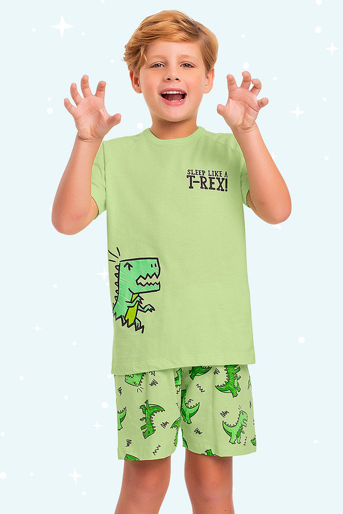 Conjunto pijama infantil camiseta e bermuda dinos brilha no escuro
