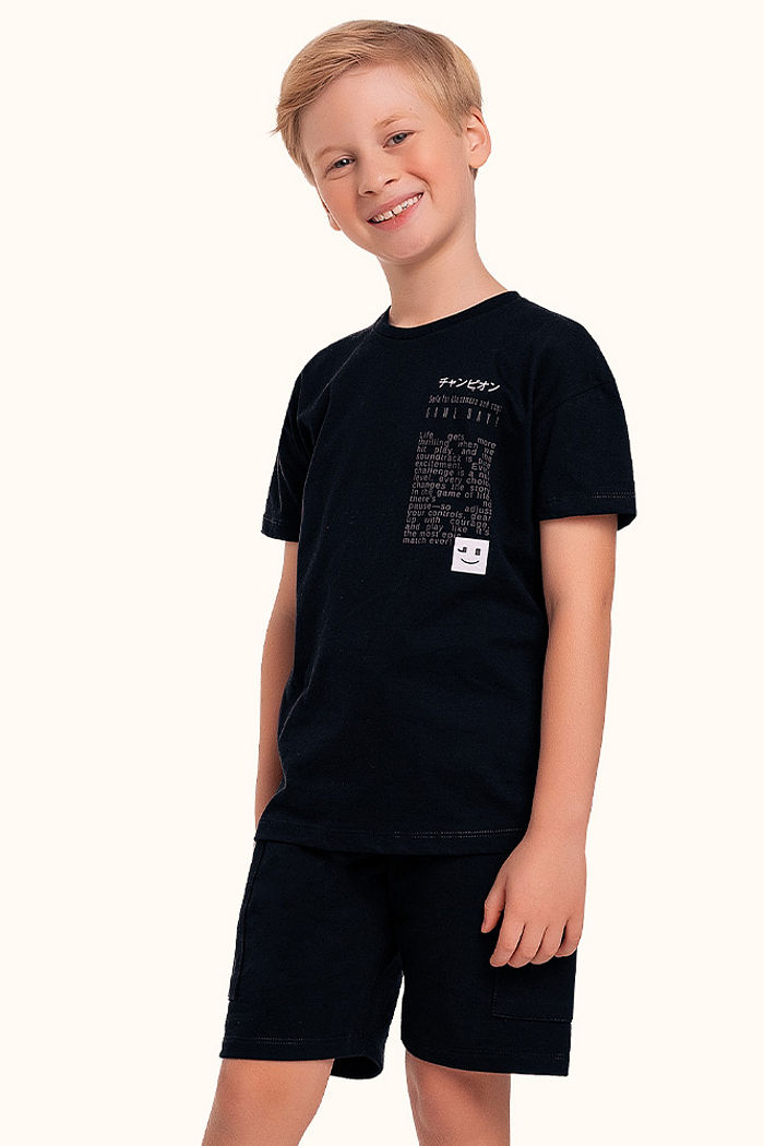 Conjunto camiseta em meia malha e bermuda em moletinho Emoji