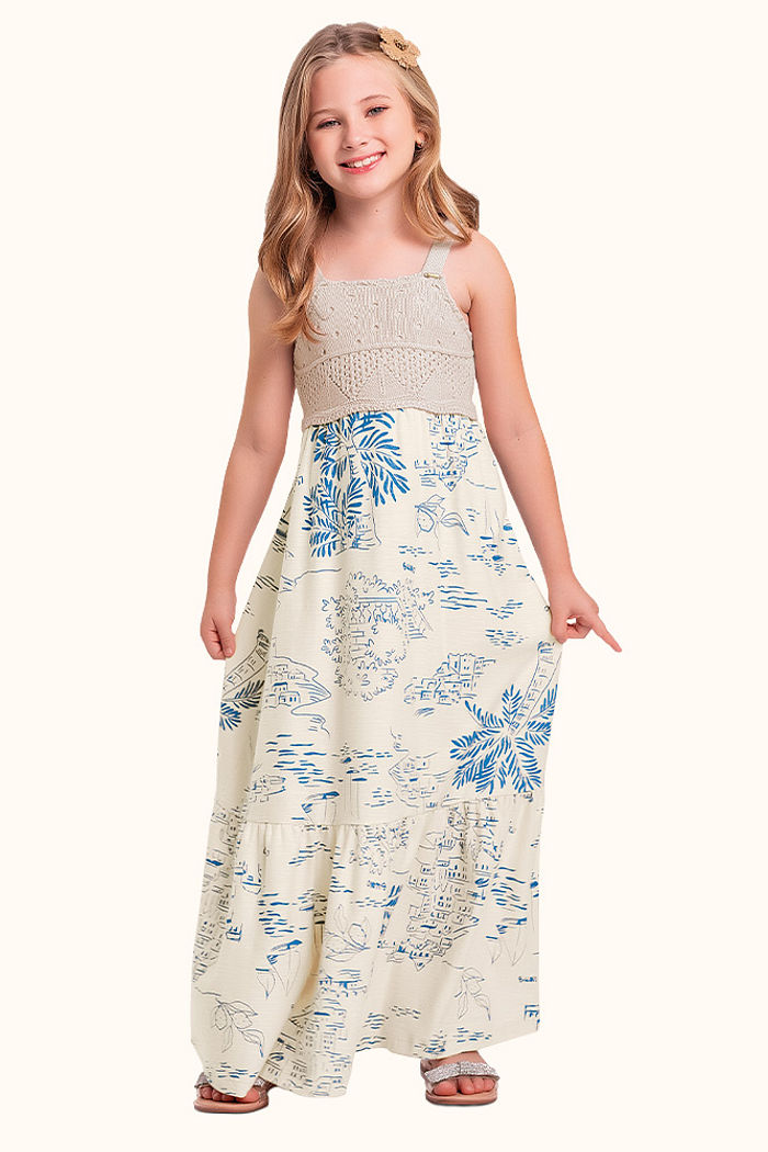 Vestido em meia malha flamê com frente em tricot