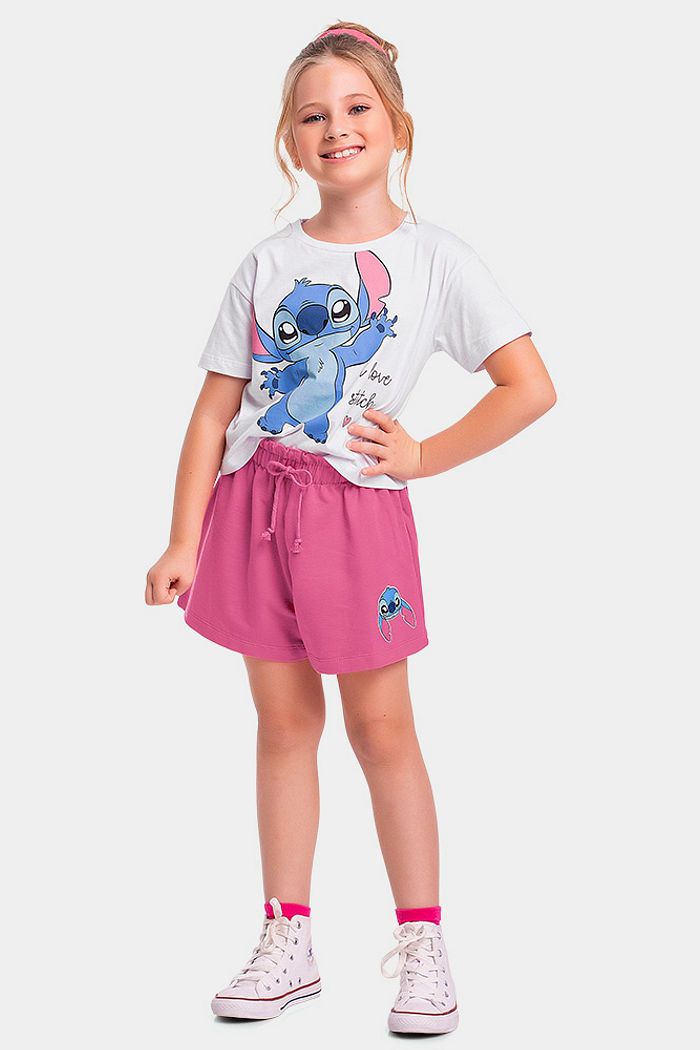 Conjunto blusa e short com cadarço decorativo Lilo & Stitch