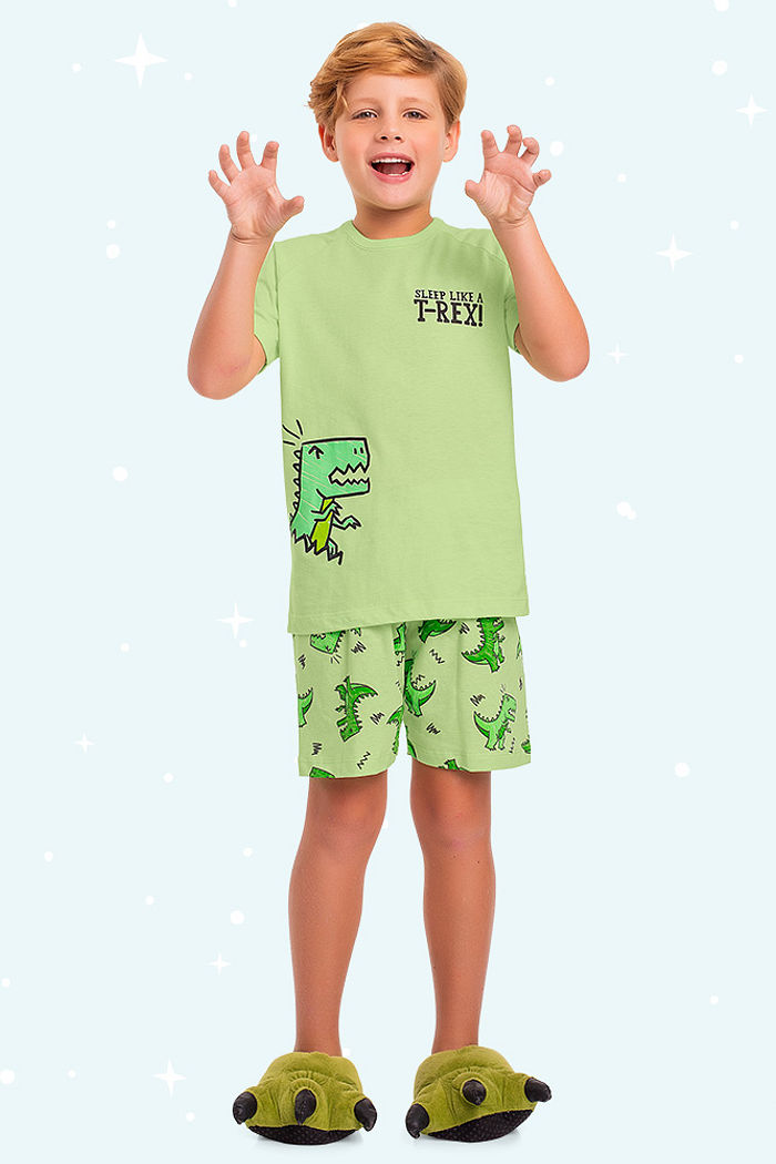 Conjunto pijama infantil camiseta e bermuda dinos brilha no escuro