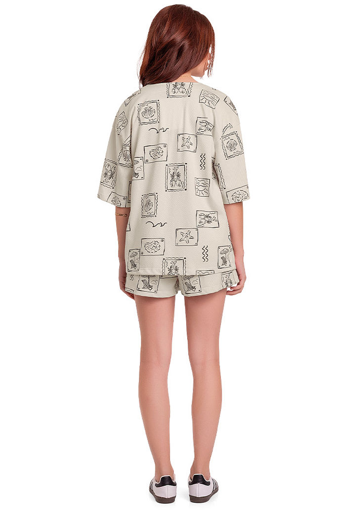 Trijunto infantil feminino kimono top e short com estampa praiana