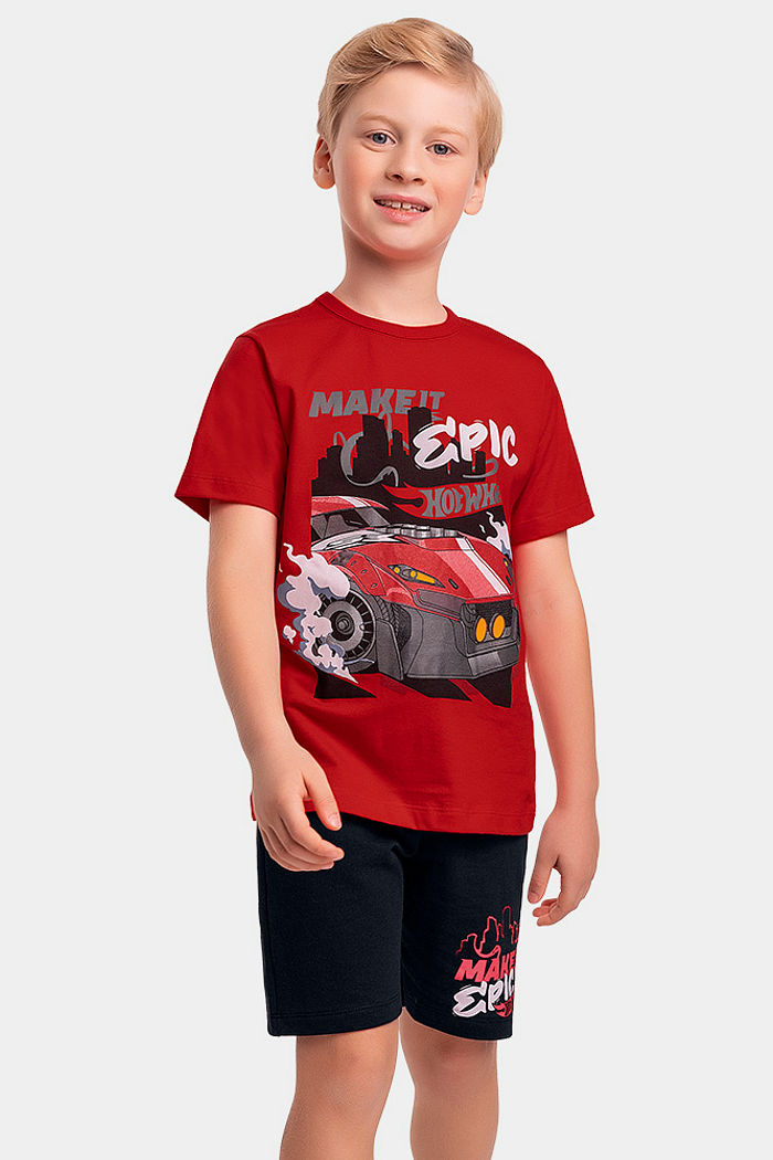 Conjunto infantil camiseta meia malha e bermuda moletinho Hot Wheels