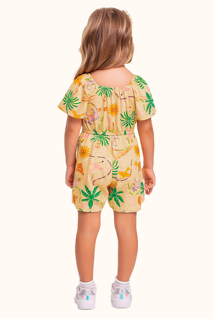 Macacão curto com estampa tropical bordado com lantejoula