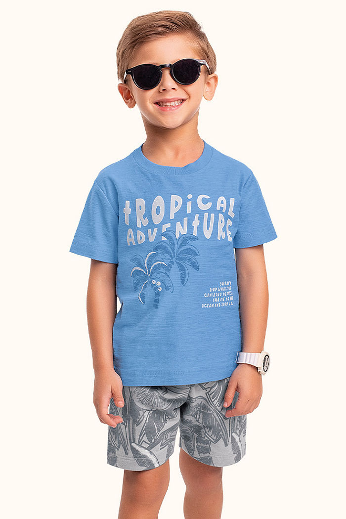 Conjunto camiseta em meia malha flamê e bermuda em moletinho tropical