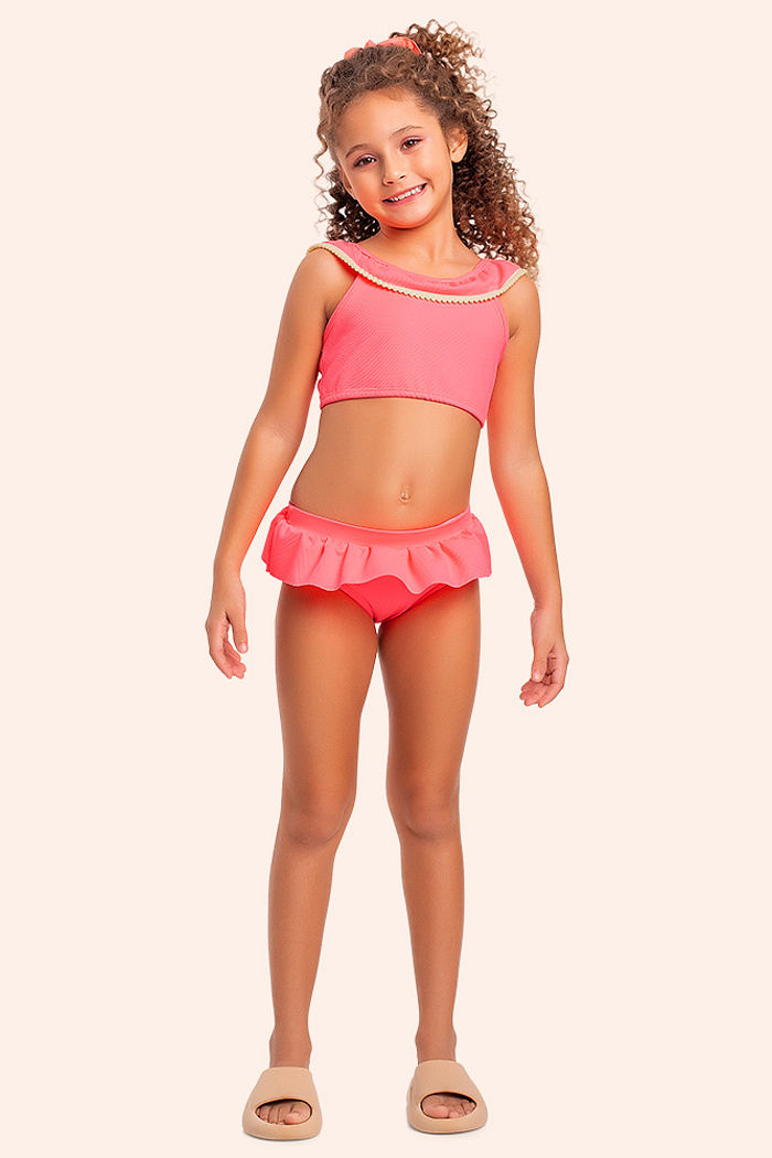 Conjunto biquini infantil babados e pompom