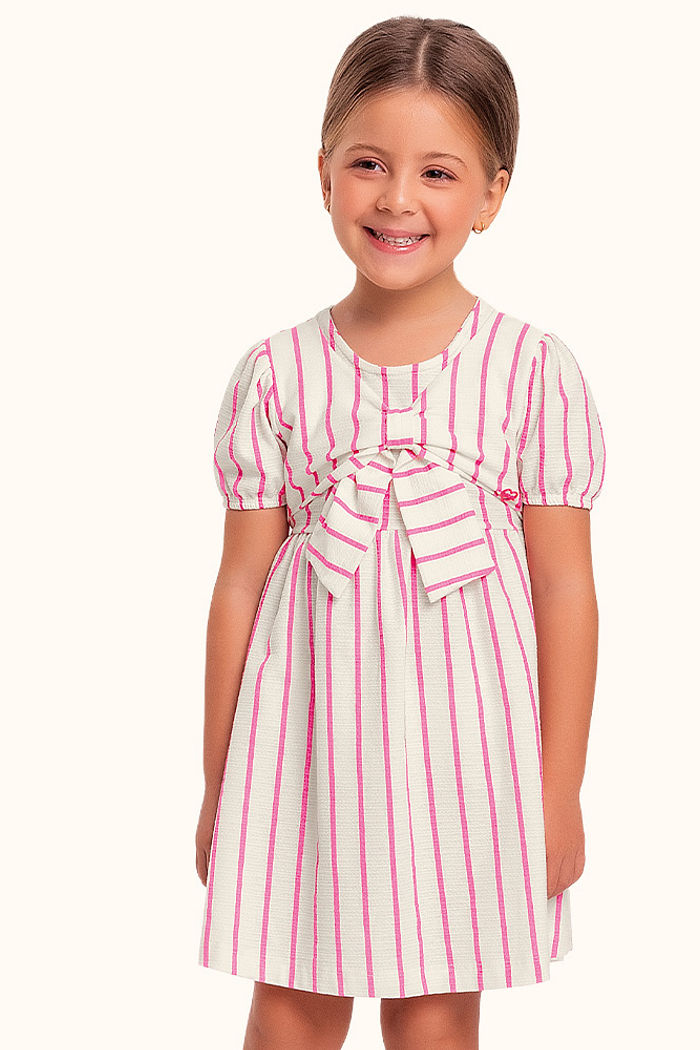 Vestido verão em malha florence com listras e laço decorativo