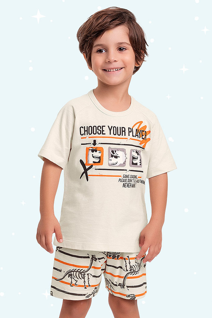 Conjunto pijama infantil camiseta e bermuda dinos brilha no escuro