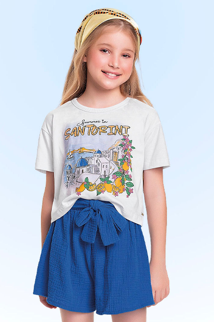 Conjunto blusa em meia malha e short em tecido malha gase com textura