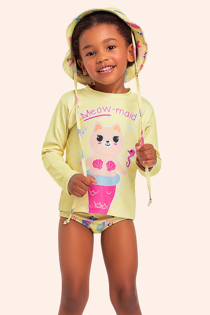 Conjunto infantil moda praia blusa manga longa, calcinha e chapéu