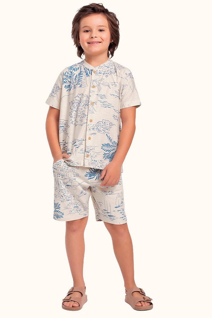 Conjunto camiseta em meia malha flamê e bermuda em moletinho flamê com botão funcional