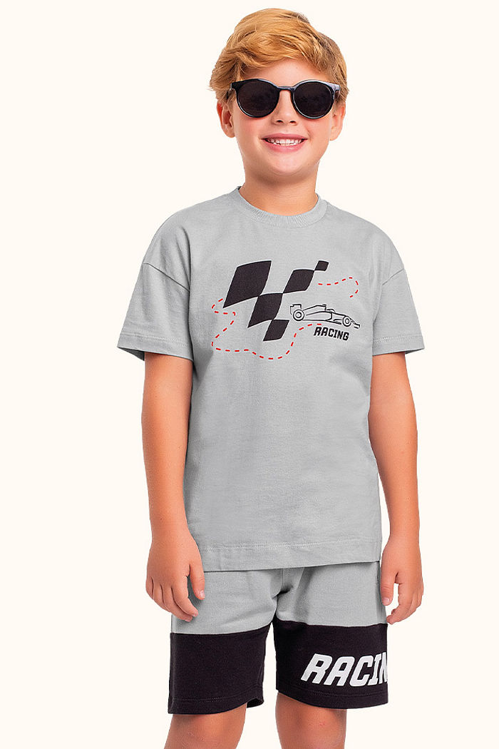 Conjunto camiseta em meia malha e bermuda em moletinho formula 1