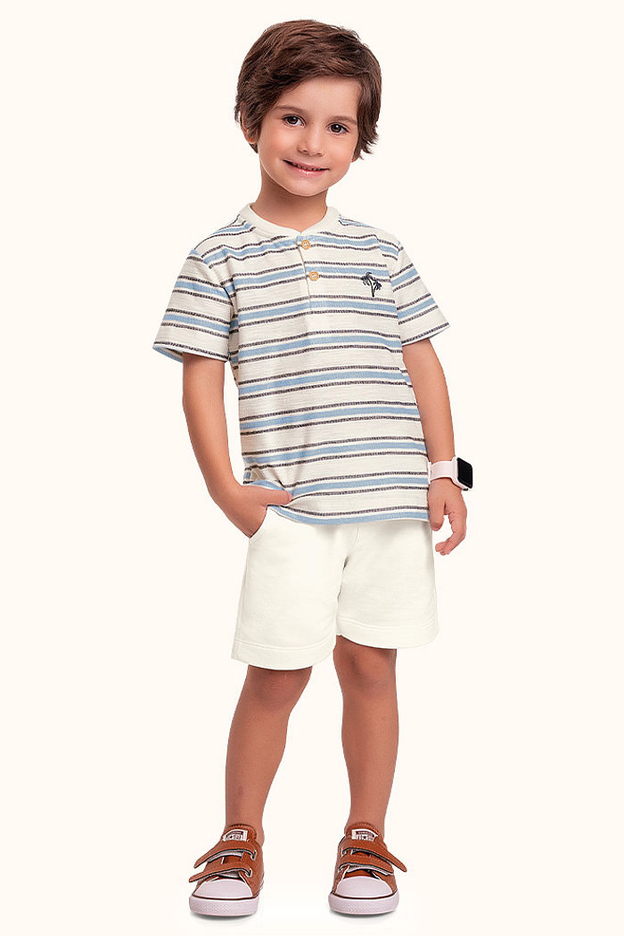 Conjunto camisa gola padre em meia malha fio tinto flamê com bordado e bermuda em moletinho