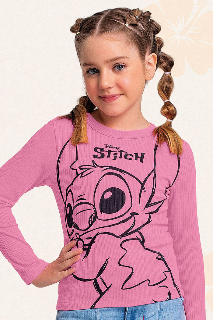 Blusa manga longa em ribana Lilo & Stitch