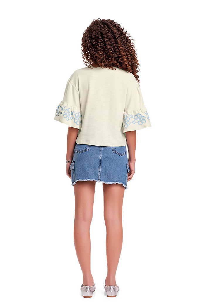 Blusa infantil manga com babado estampa floral glitter