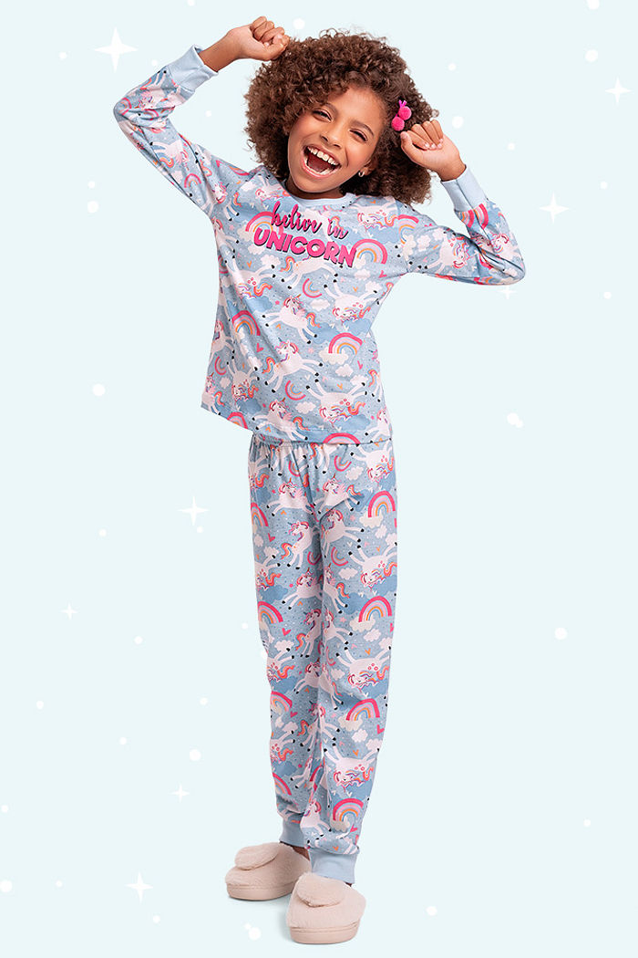 Conjunto pijama blusa manga longa e calça Unicornio