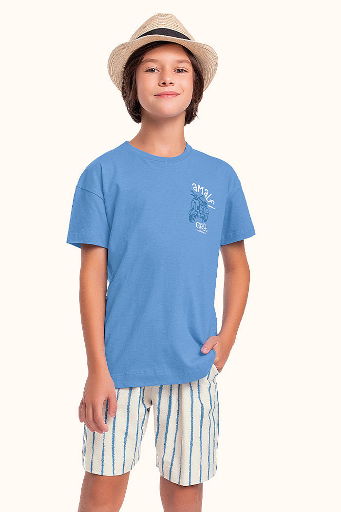 Conjunto camiseta em meia malha e bermuda em moletinho moto