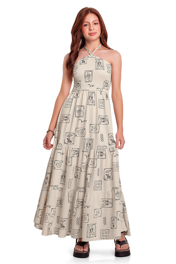 Vestido juvenil malha favo lástex estampa praia