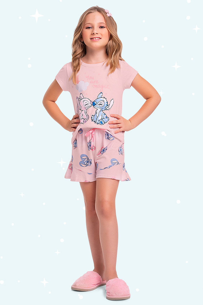 Conjunto pijama blusa e short Lilo Stitch