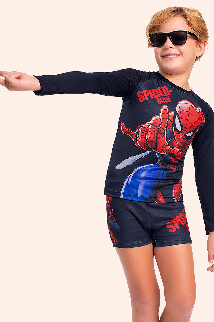 Camiseta manga longa infantil Homem Aranha moda praia com proteção uv