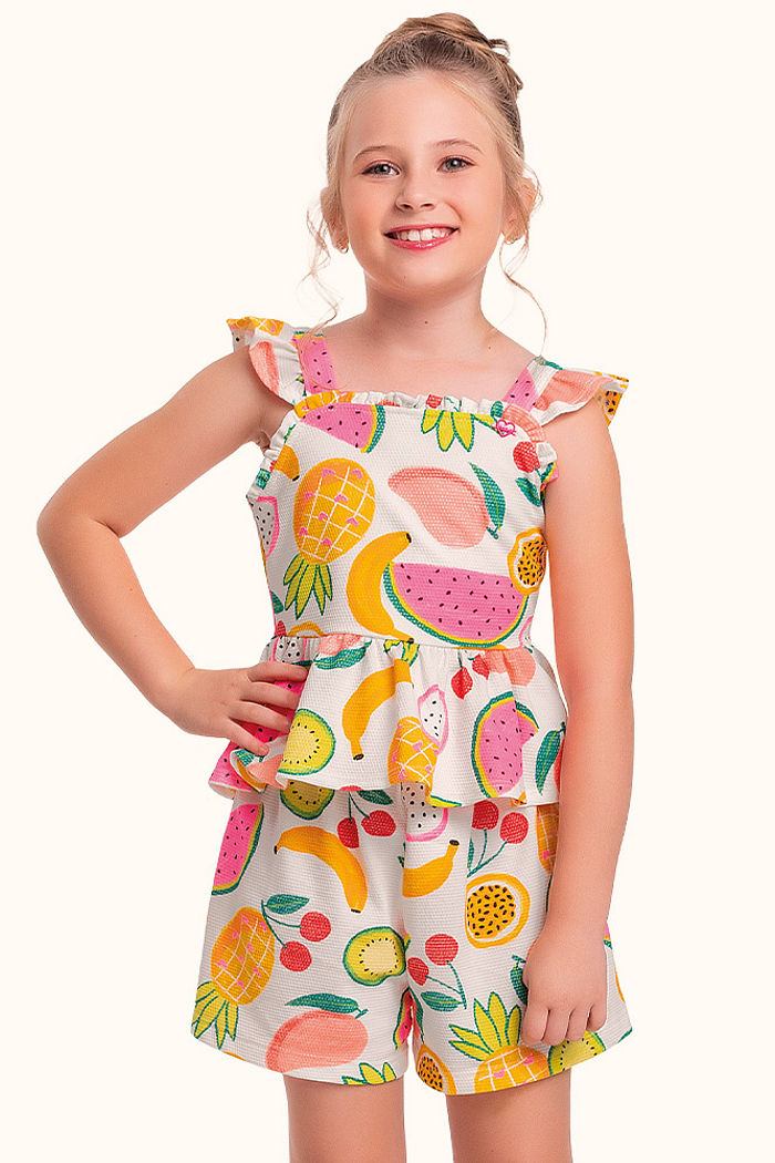 Conjunto blusa/short em malha favo frutas