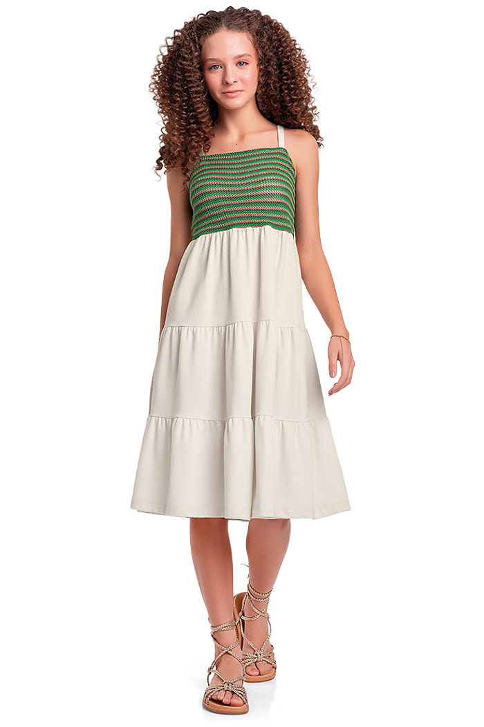 Vestido em malha favo com detalhe em tricot