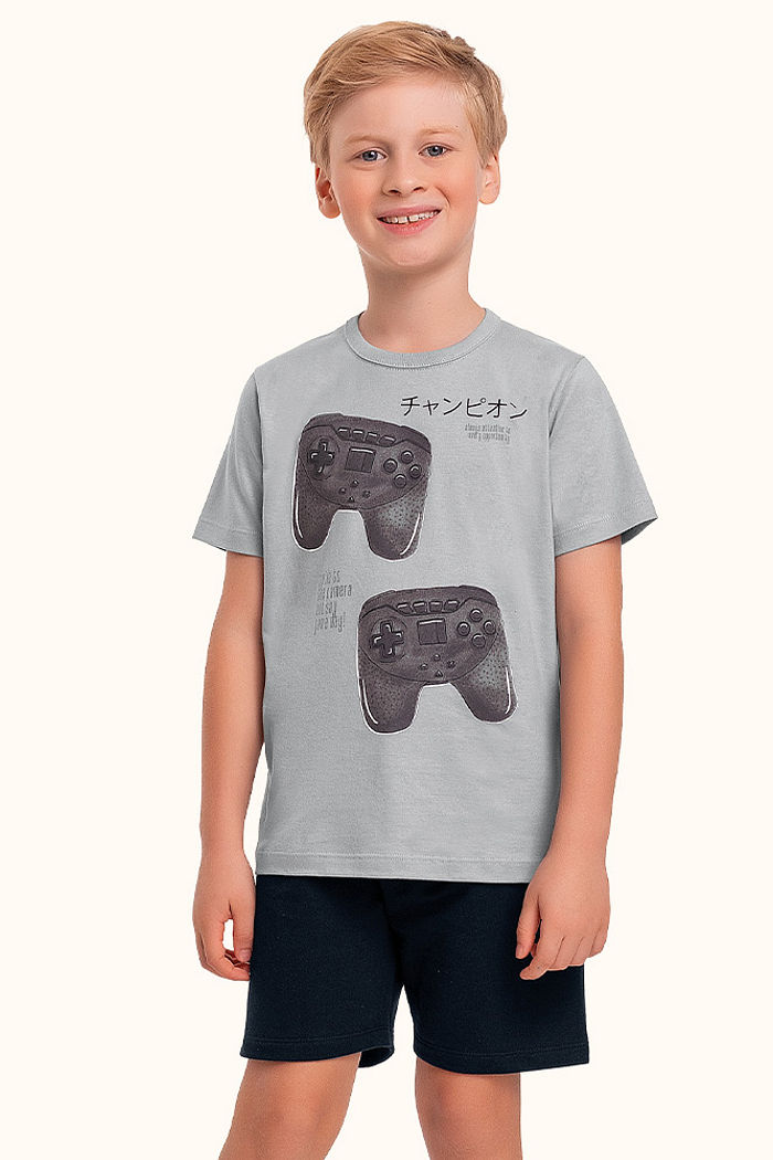 Conjunto camiseta em meia malha e bermuda em moletinho videogame