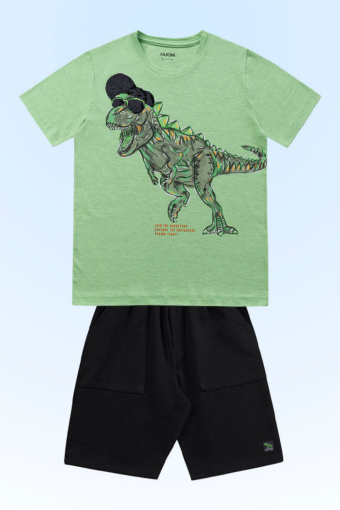 Conjunto camiseta em meia malha mescla e bermuda em moletinho