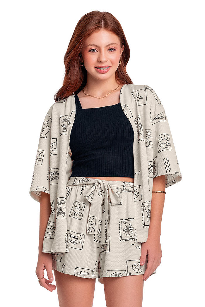 Trijunto infantil feminino kimono top e short com estampa praiana
