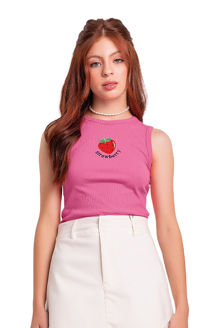 Regata juvenil em ribana com bordado frutas