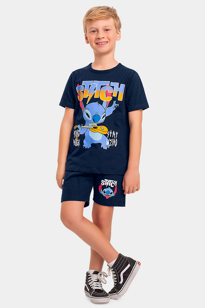 Conjunto infantil camiseta meia malha e bermuda moletinho Stitch